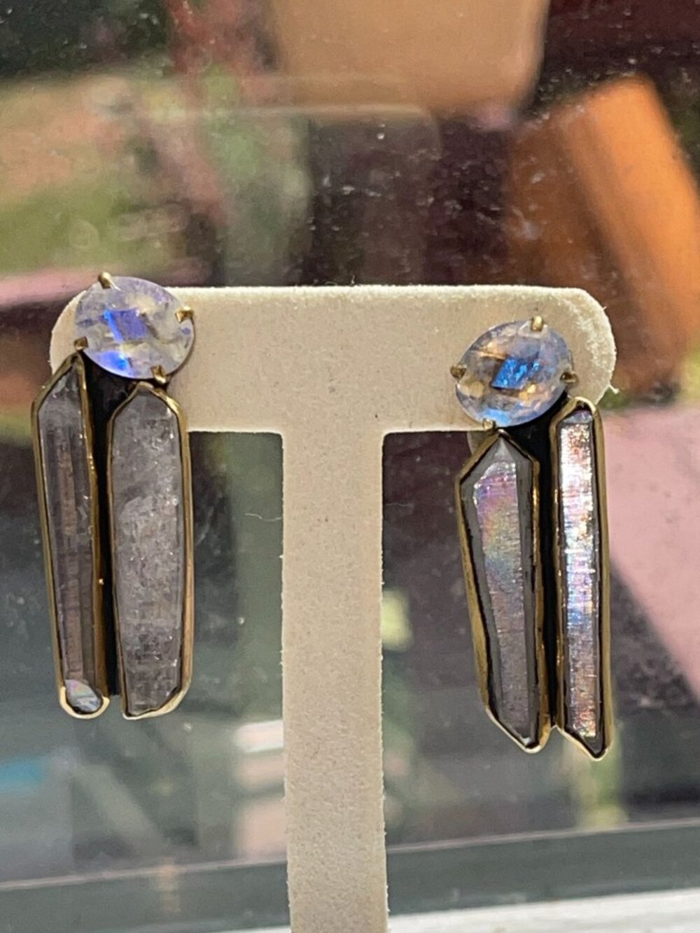Amy Khan Russell Gemstone Earrings Oval Blue Topaz Crystals Step Elongated Cut